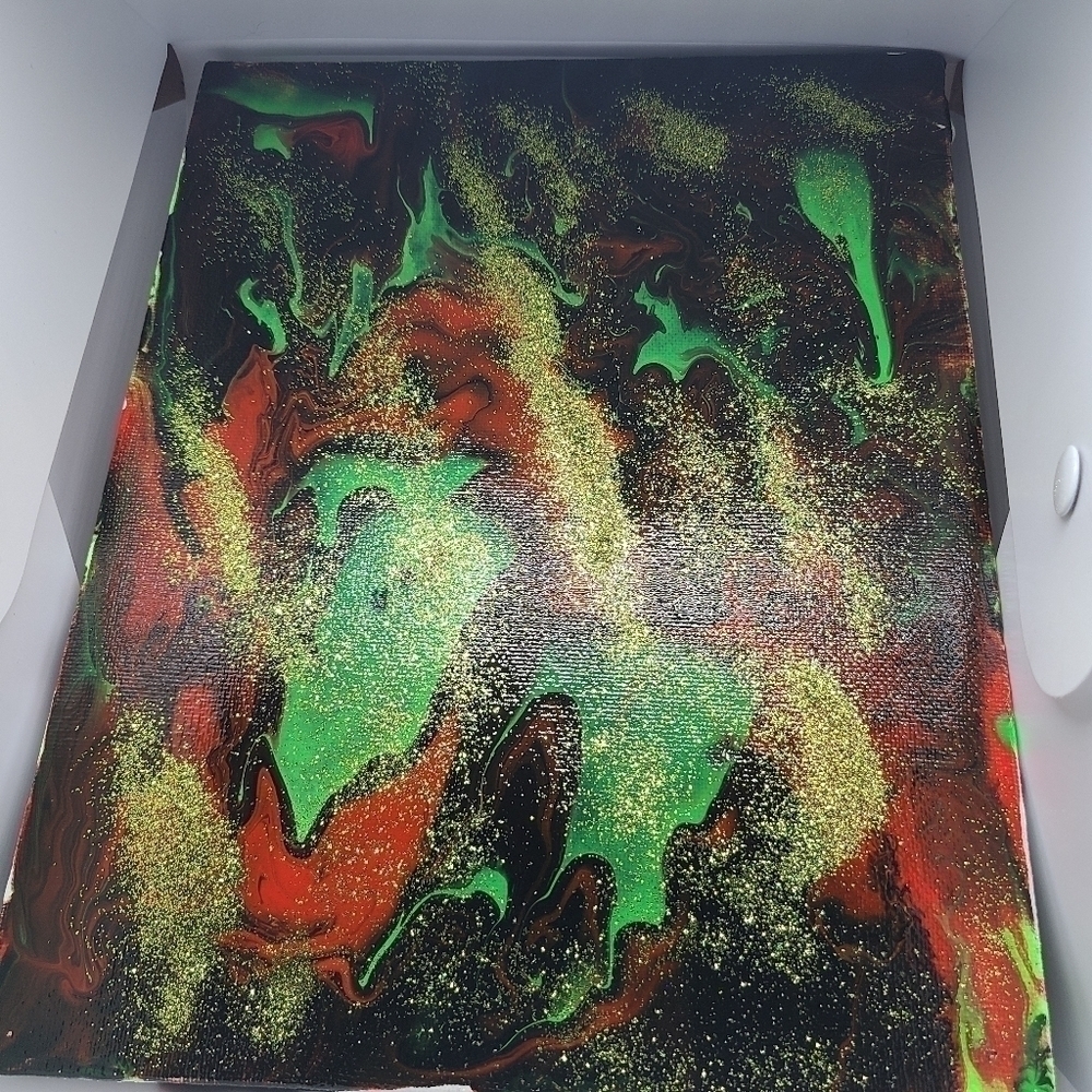 8 x 10 Black Red Green Canvas Painting - Picture 3 of 4